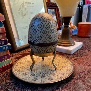 Vintage Enameled Cloisonné Brass Egg Trinket Box with Matching Plate